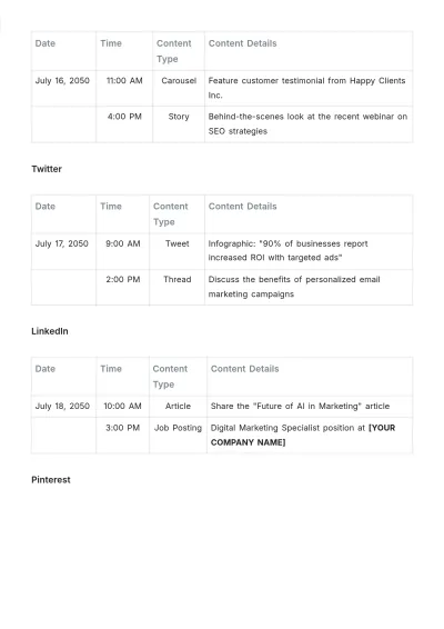 Free Social Media Weekly Content Schedule Template to Edit Online
