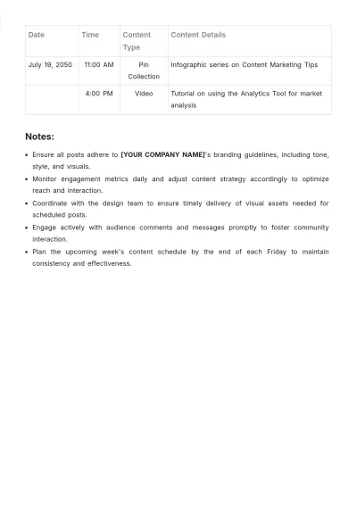 Free Social Media Weekly Content Schedule Template to Edit Online