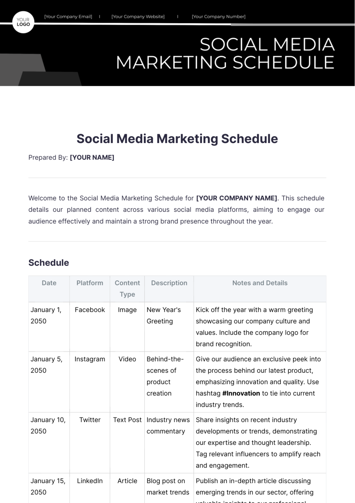 Social Media Marketing Schedule Template - Edit Online & Download