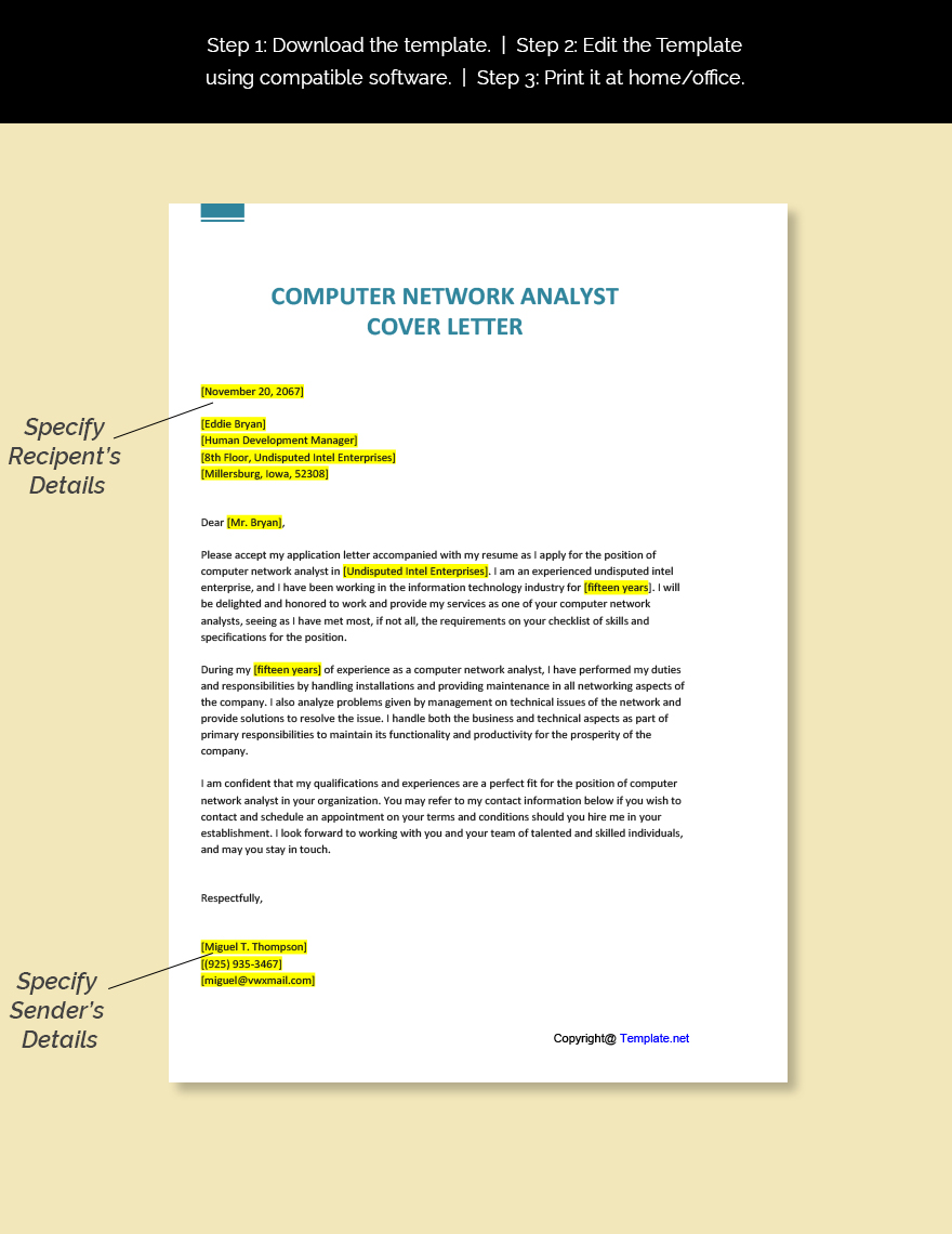 Computer Network Analyst Cover Letter Template