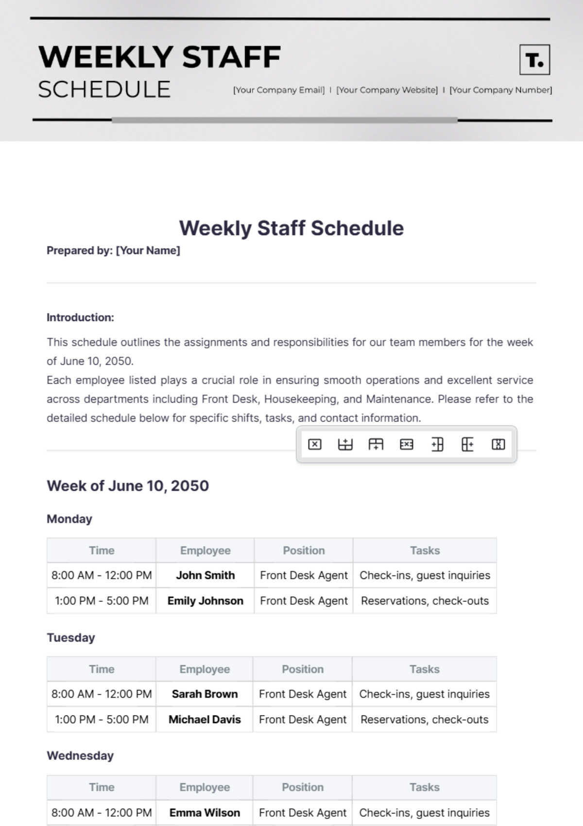 Weekly Staff Schedule Template - Edit Online & Download