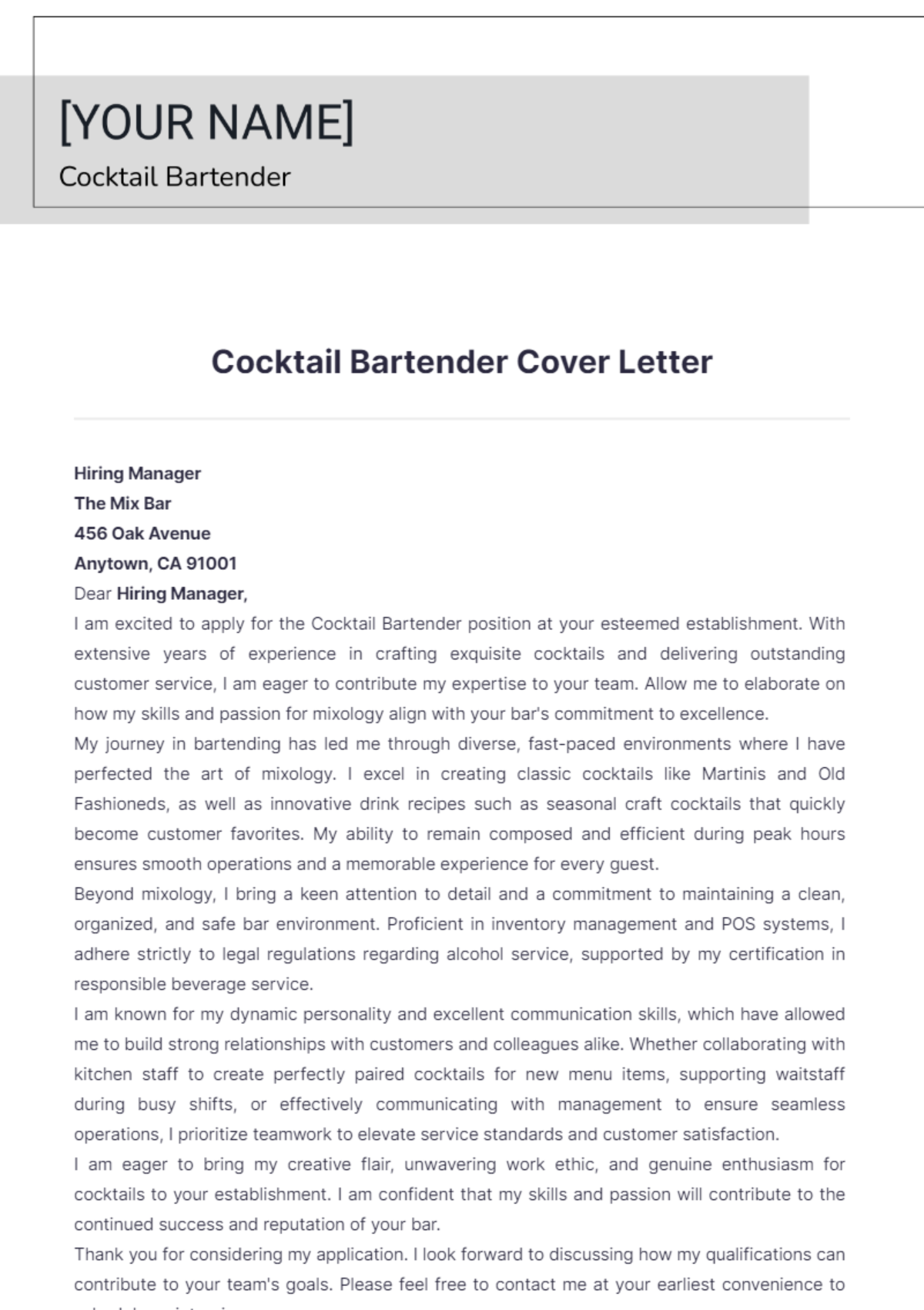 Cocktail Bartender Cover Letter