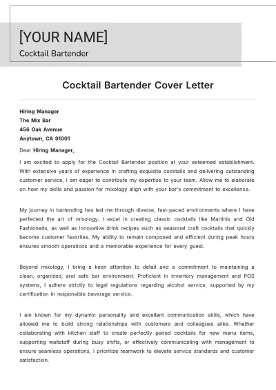 Free Cocktail Bartender Cover Letter to Edit Online