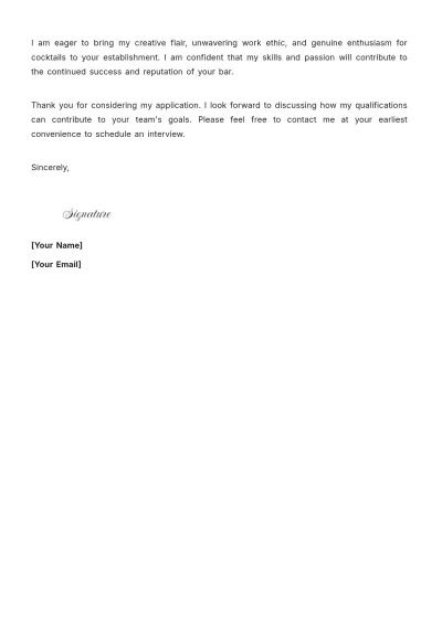 Free Cocktail Bartender Cover Letter to Edit Online