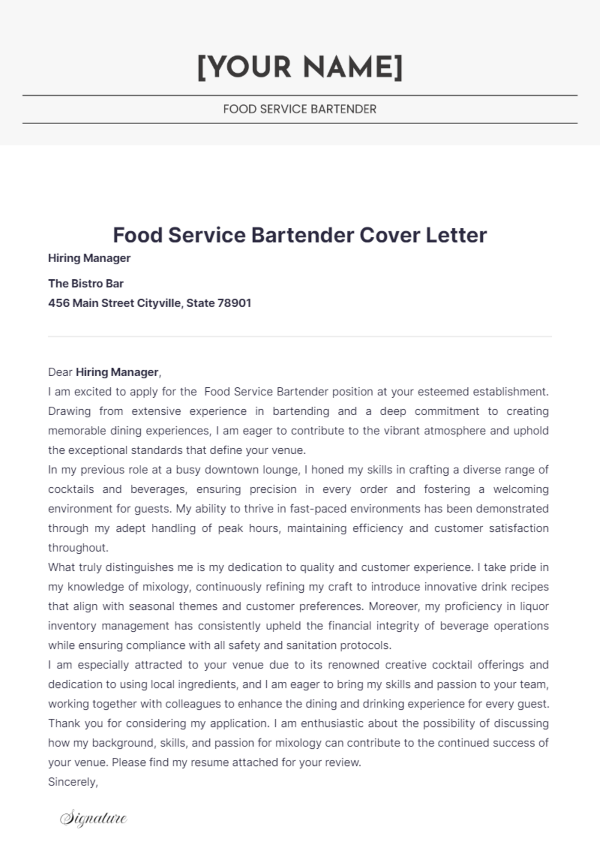 Food Service Bartender Cover Letter