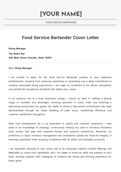 Free Food Service Bartender Cover Letter to Edit Online