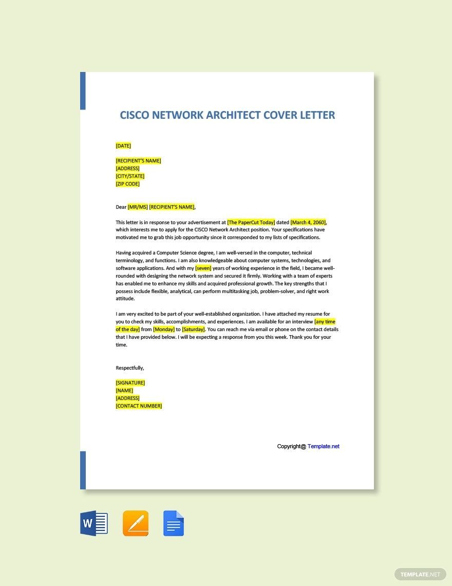 Cisco Network Architect Cover Letter Template in Word, Google Docs, PDF, Apple Pages