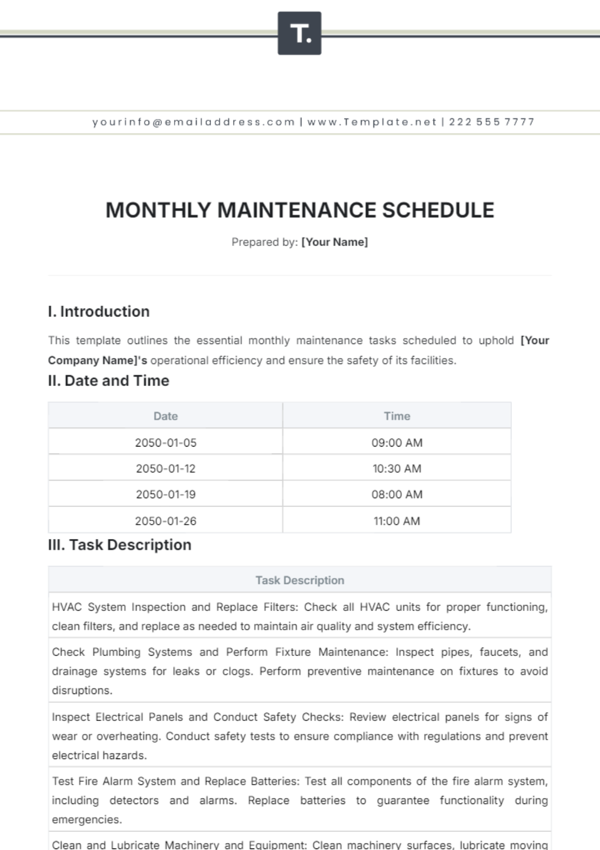 Monthly Maintenance Schedule Template - Edit Online & Download