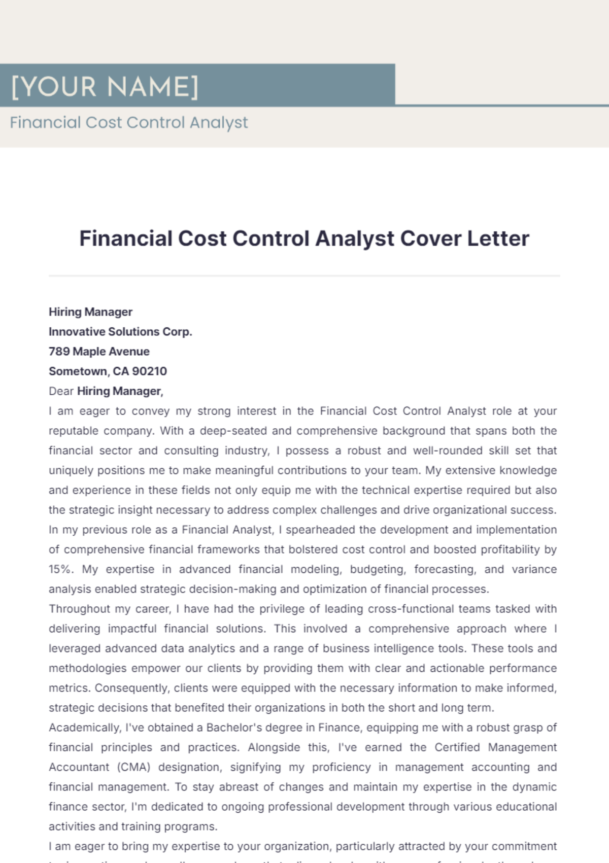 Financial Cost Control Analyst Cover Letter - Edit Online & Download