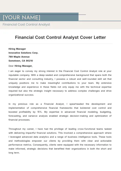 Free Financial Cost Control Analyst Cover Letter to Edit Online