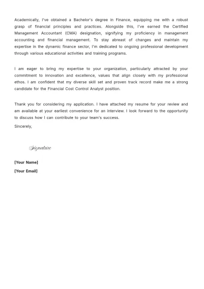 Free Financial Cost Control Analyst Cover Letter to Edit Online