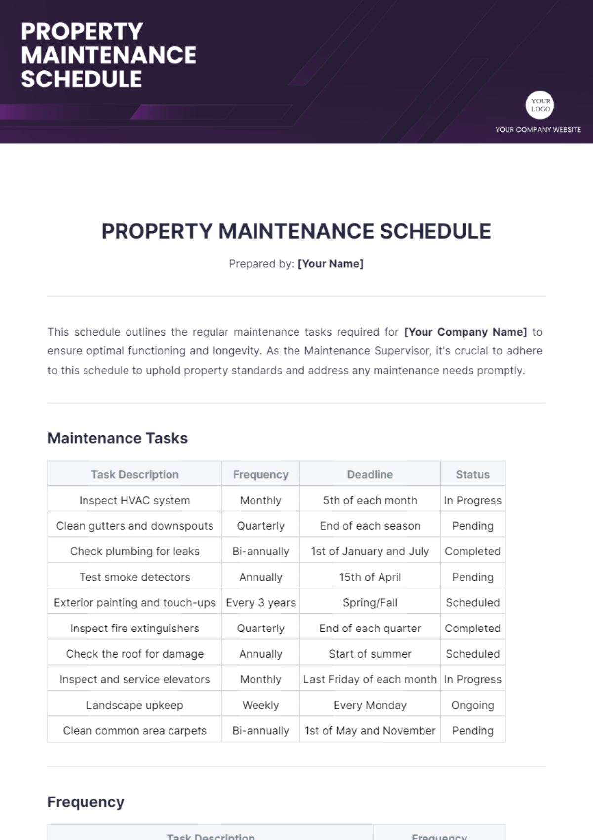 Property Maintenance Schedule Template - Edit Online & Download