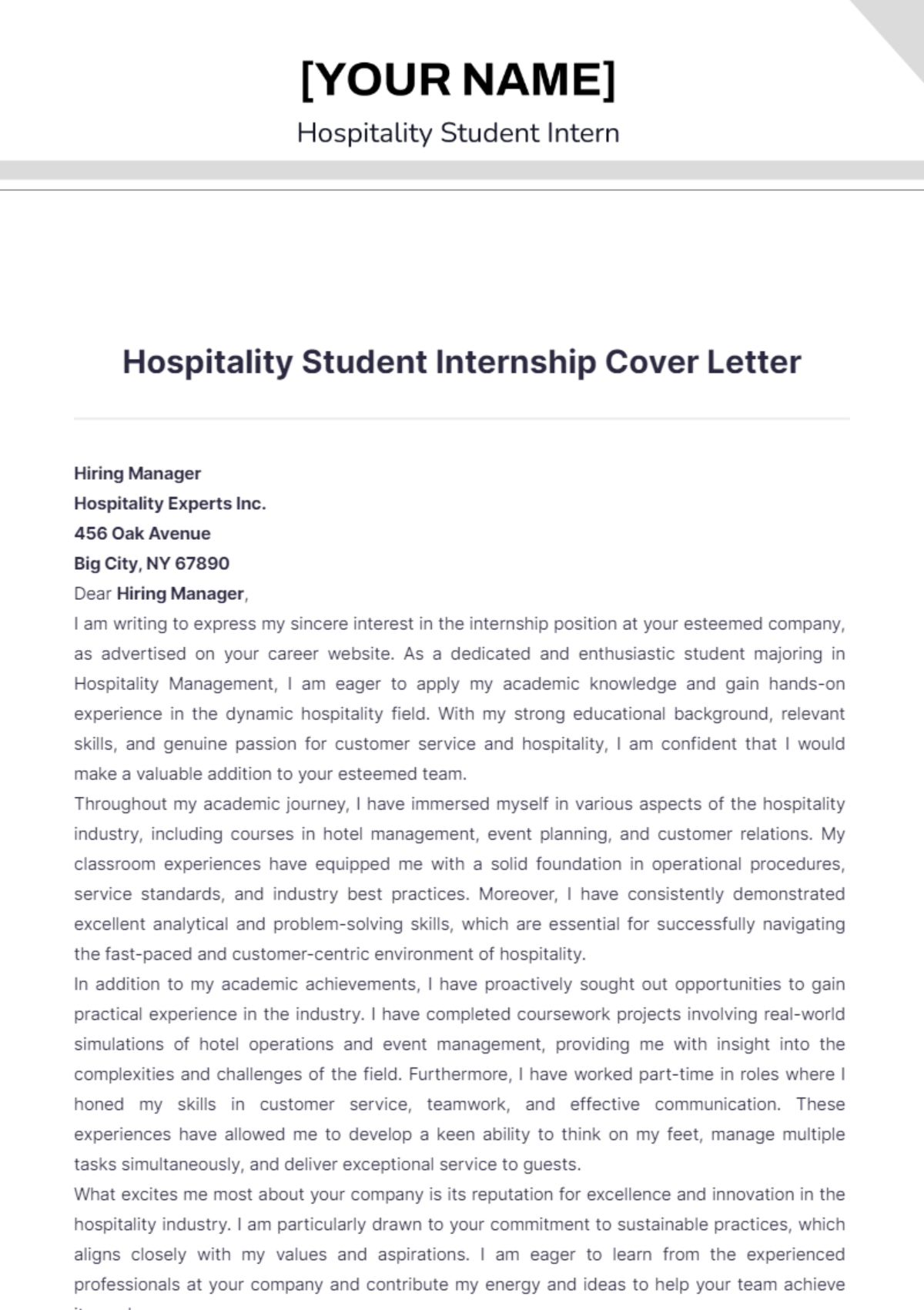 Hospitality Student Internship Cover Letter - Edit Online & Download