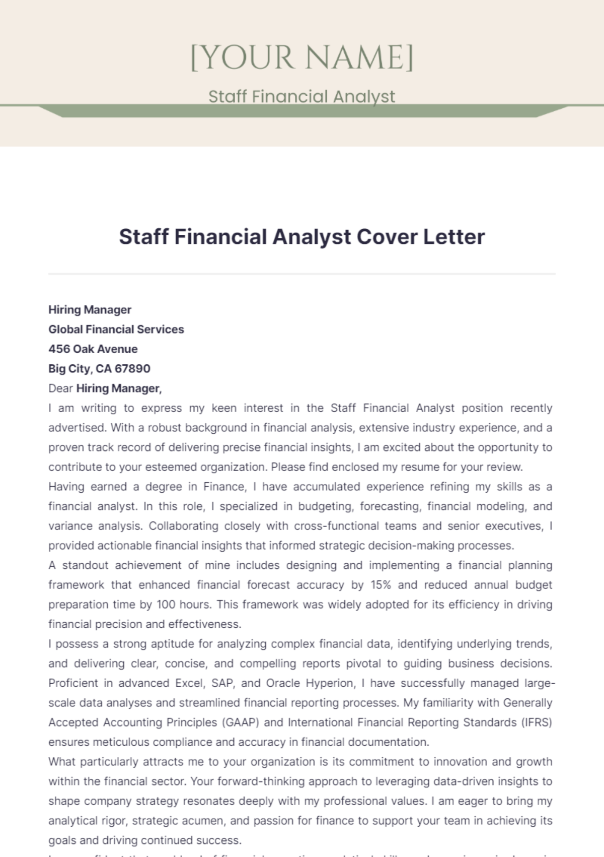 Staff Financial Analyst Cover Letter - Edit Online & Download