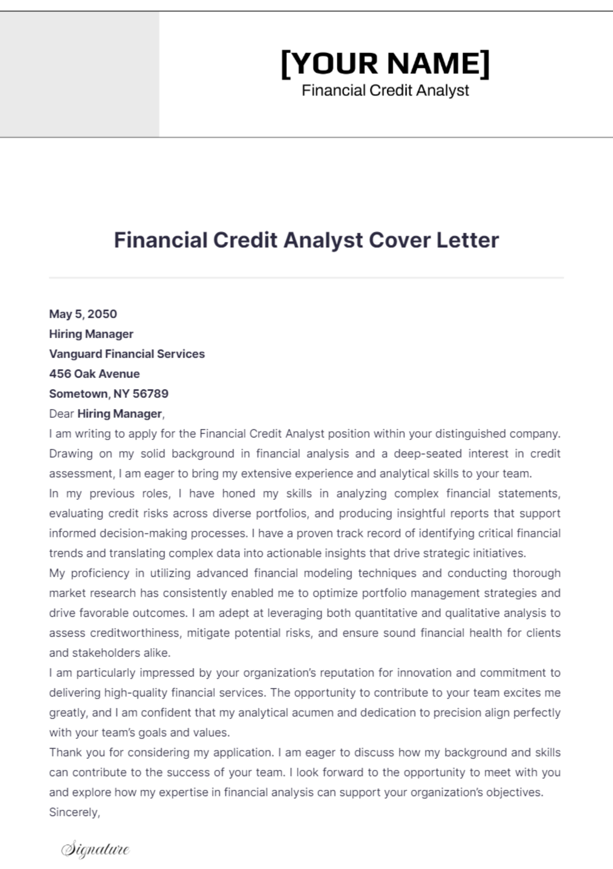 Financial Credit Analyst Cover Letter - Edit Online & Download