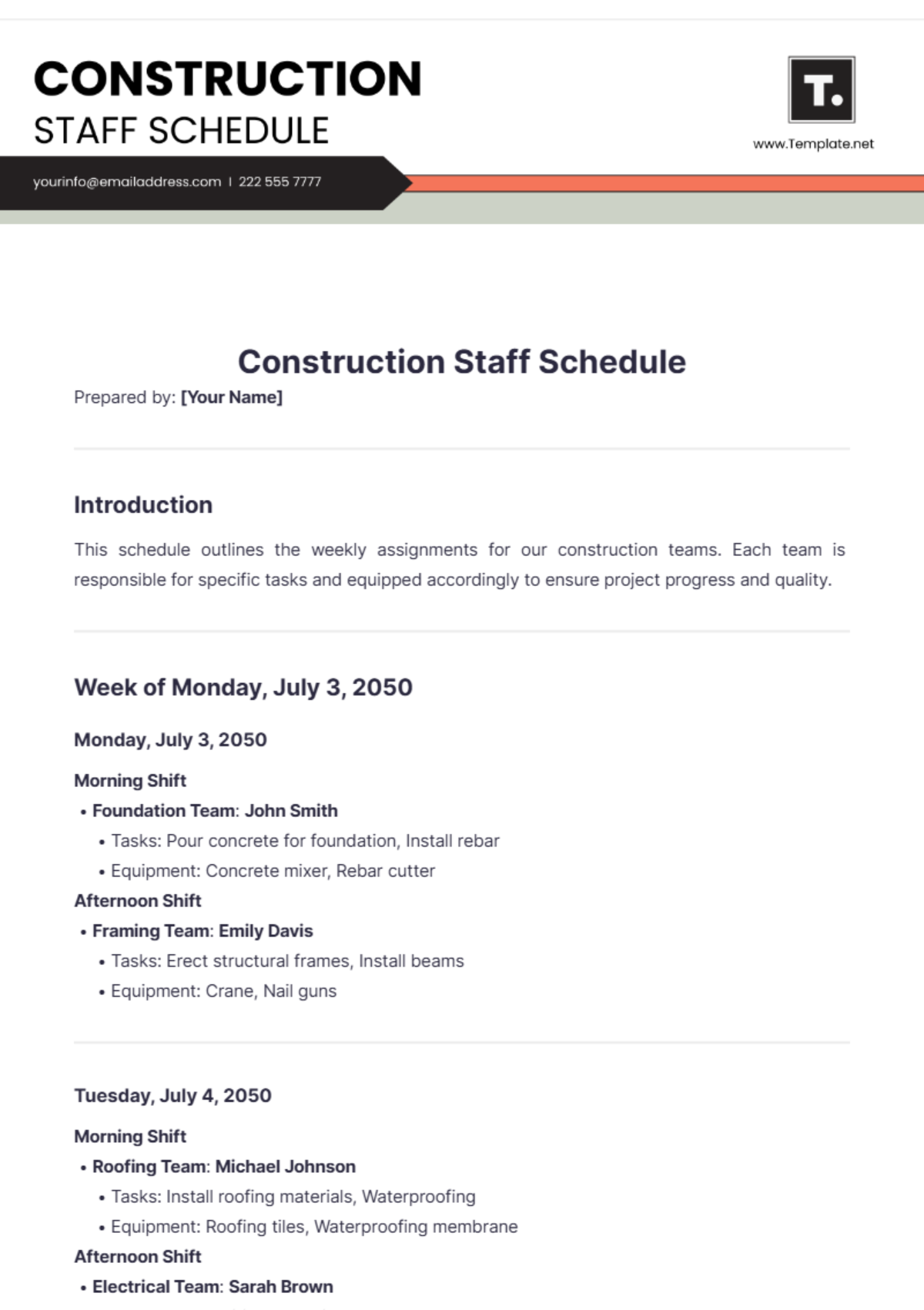 Construction Staff Schedule Template - Edit Online & Download