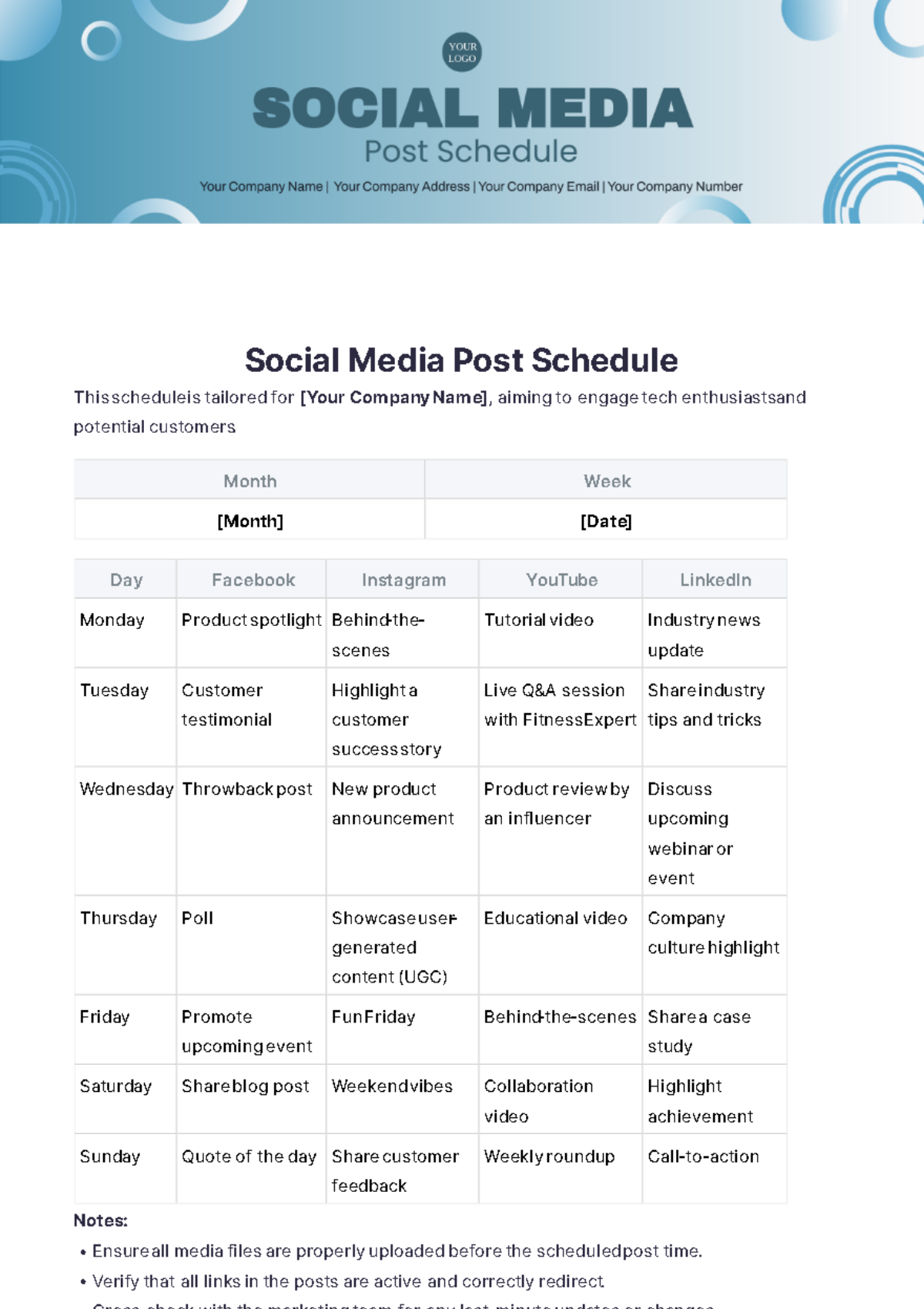 Free Social Media Post Schedule Template - Edit Online & Download ...