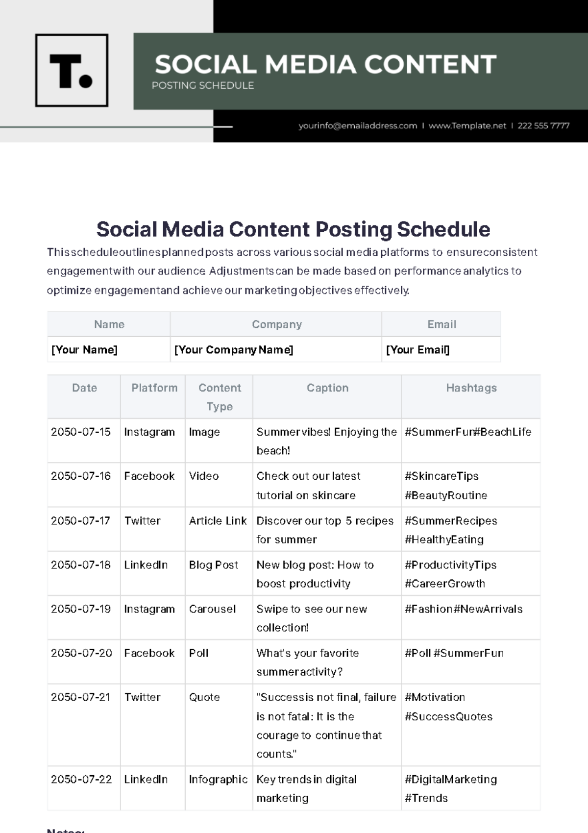 Social Media Content Posting Schedule Template - Edit Online & Download