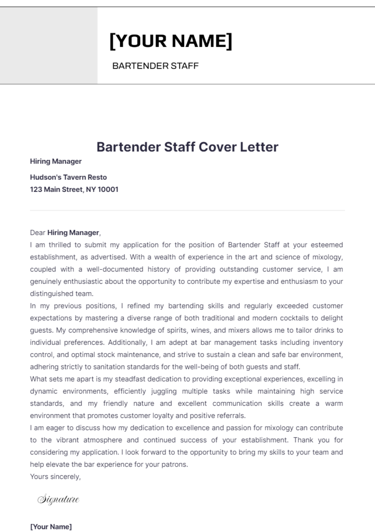 Bartender Staff Cover Letter - Edit Online & Download