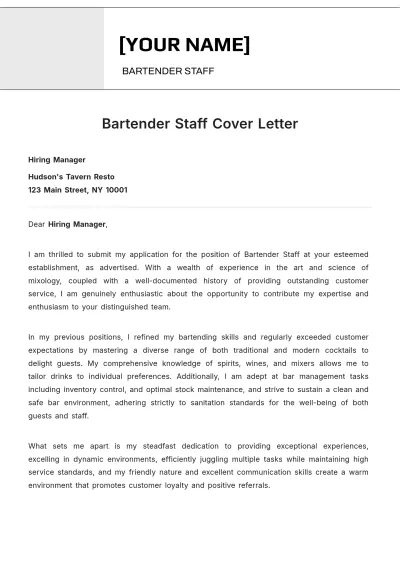 Free Bartender Staff Cover Letter to Edit Online
