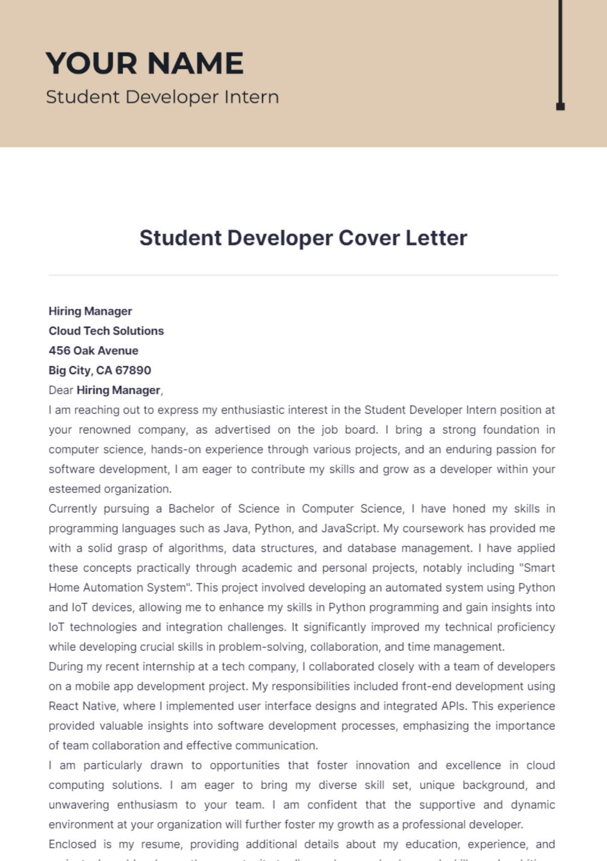 Student Developer Cover Letter - Edit Online & Download