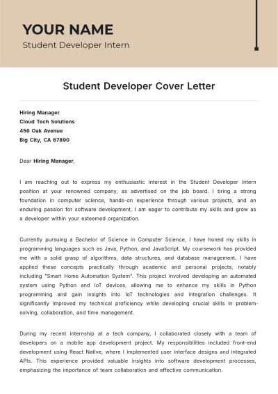 Free Student Developer Cover Letter to Edit Online