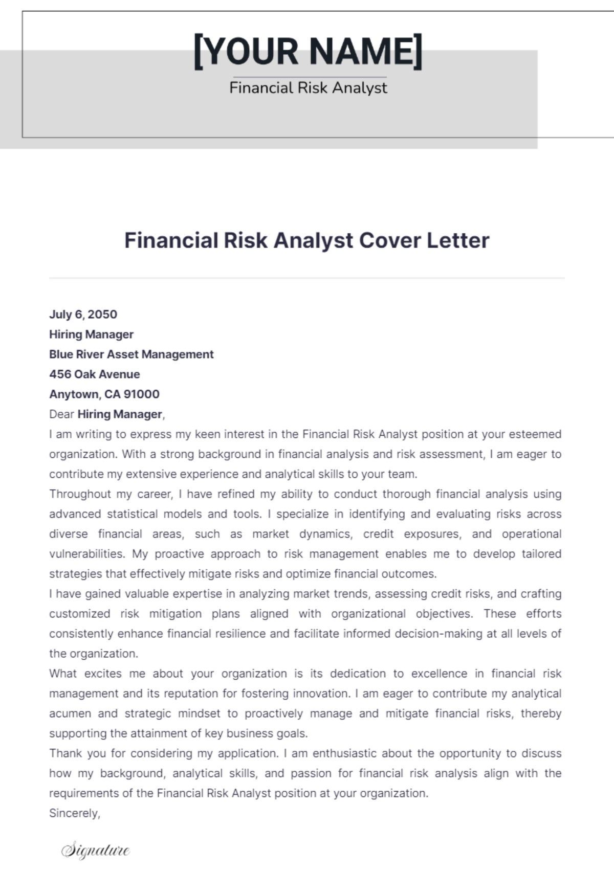 Free Financial Risk Analyst Cover Letter Template