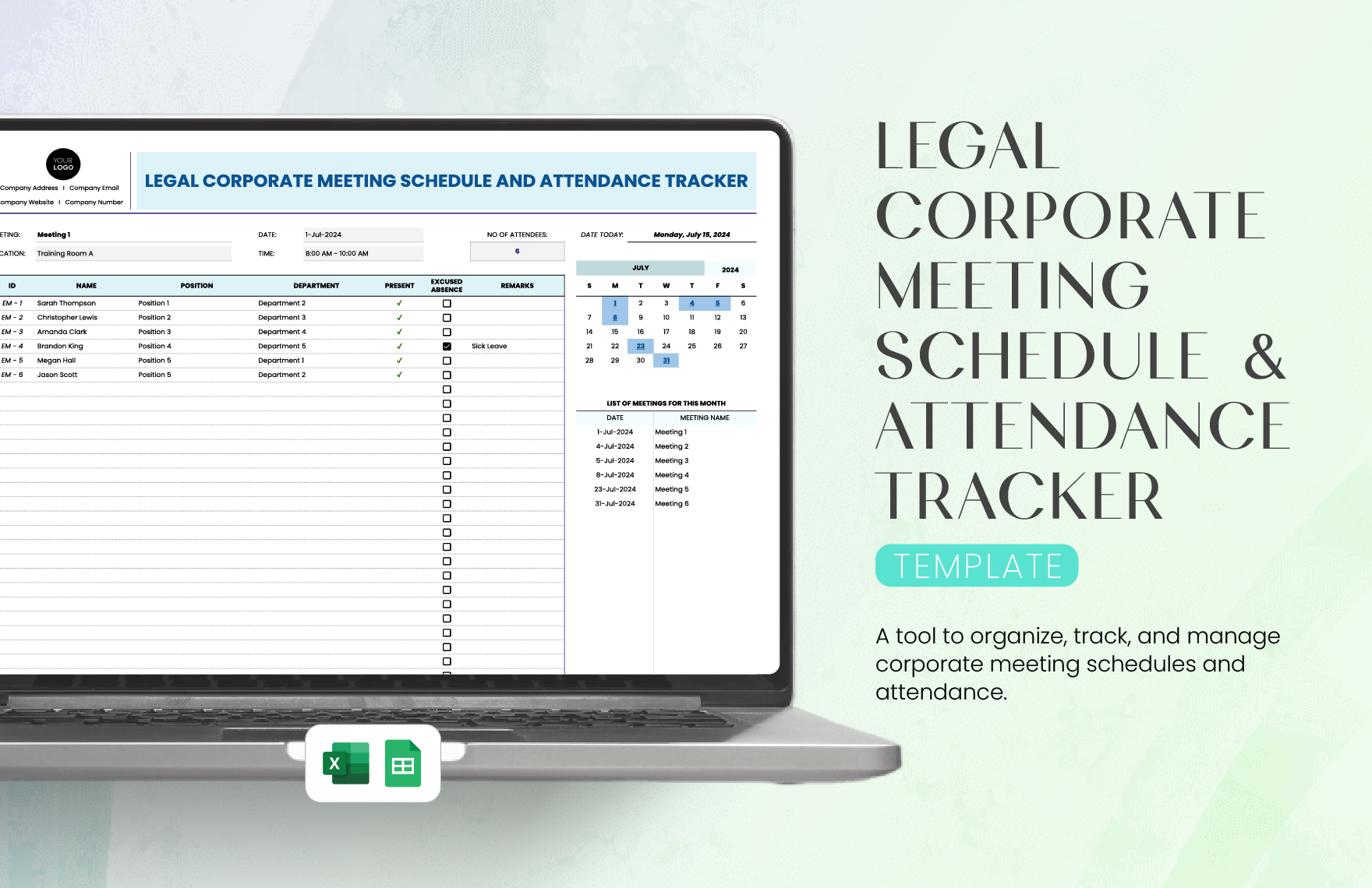 Legal Corporate Meeting Schedule and Attendance Tracker Template in Excel, Google Sheets