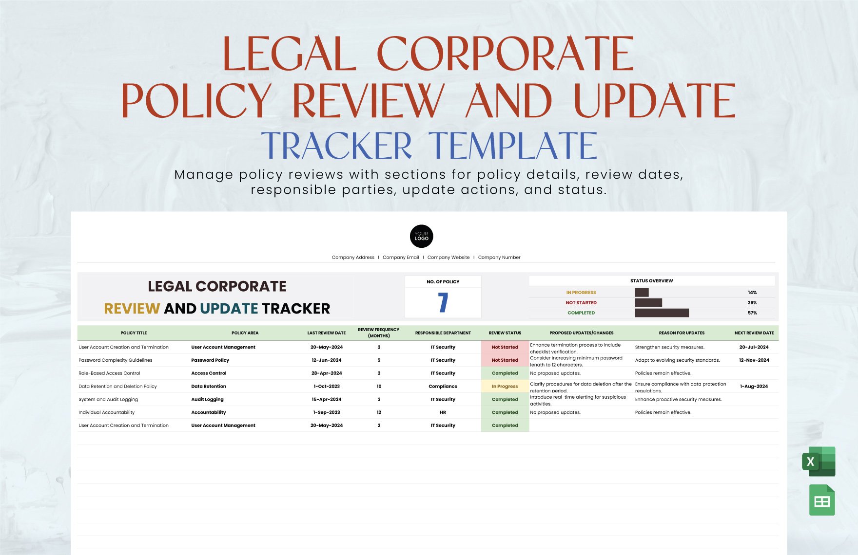 Legal Corporate Policy Review and Update Tracker Template in Excel, Google Sheets
