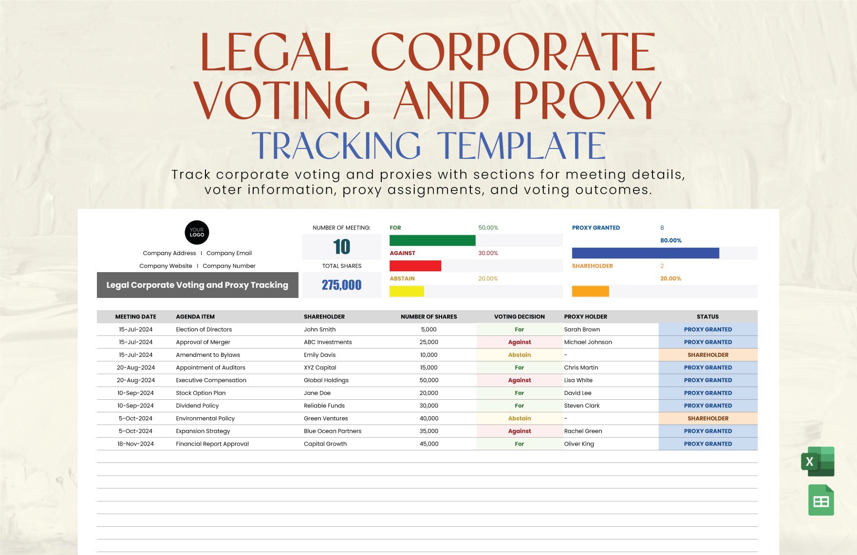 Legal Corporate Voting and Proxy Tracking Template in Excel, Google Sheets