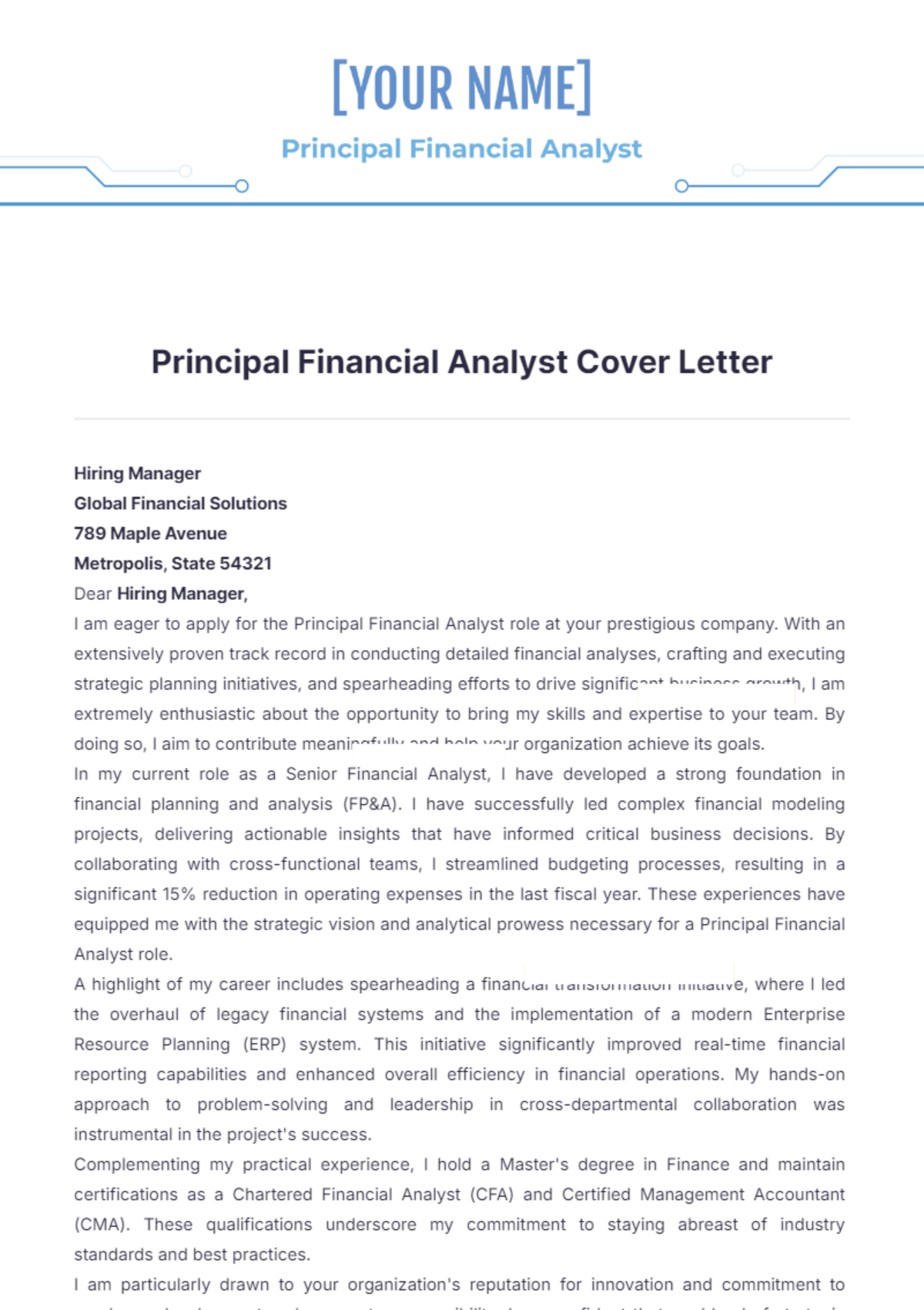 Principal Financial Analyst Cover Letter - Edit Online & Download