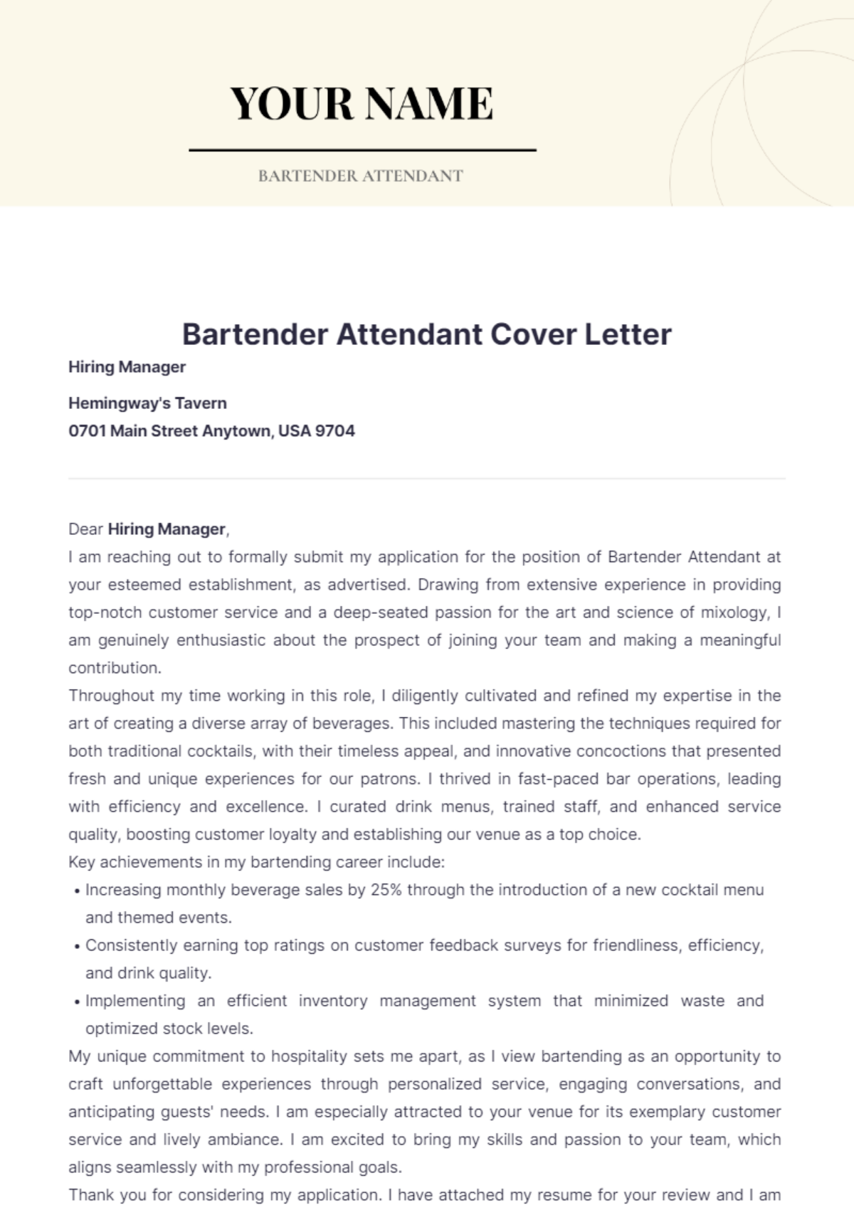 Bartender Attendant Cover Letter - Edit Online & Download