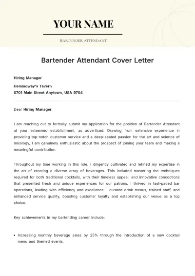 Free Bartender Attendant Cover Letter to Edit Online