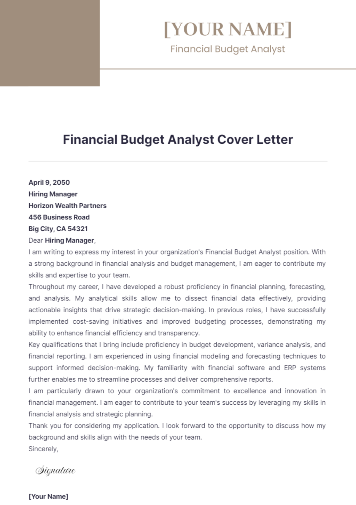 Financial Budget Analyst Cover Letter - Edit Online & Download