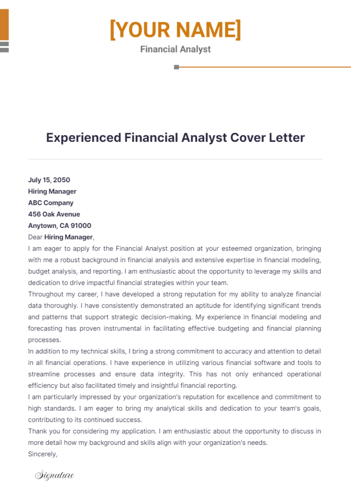 Experienced Financial Analyst Cover Letter - Edit Online & Download