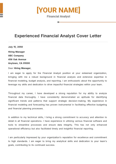 Free Experienced Financial Analyst Cover Letter to Edit Online