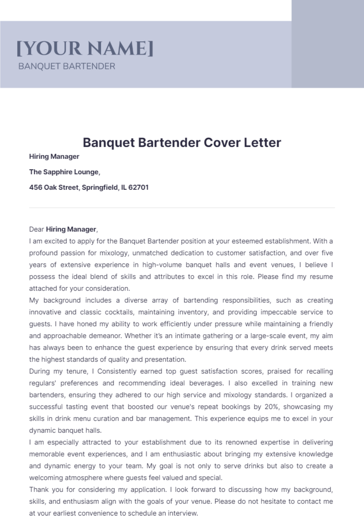 Banquet Bartender Cover Letter - Edit Online & Download