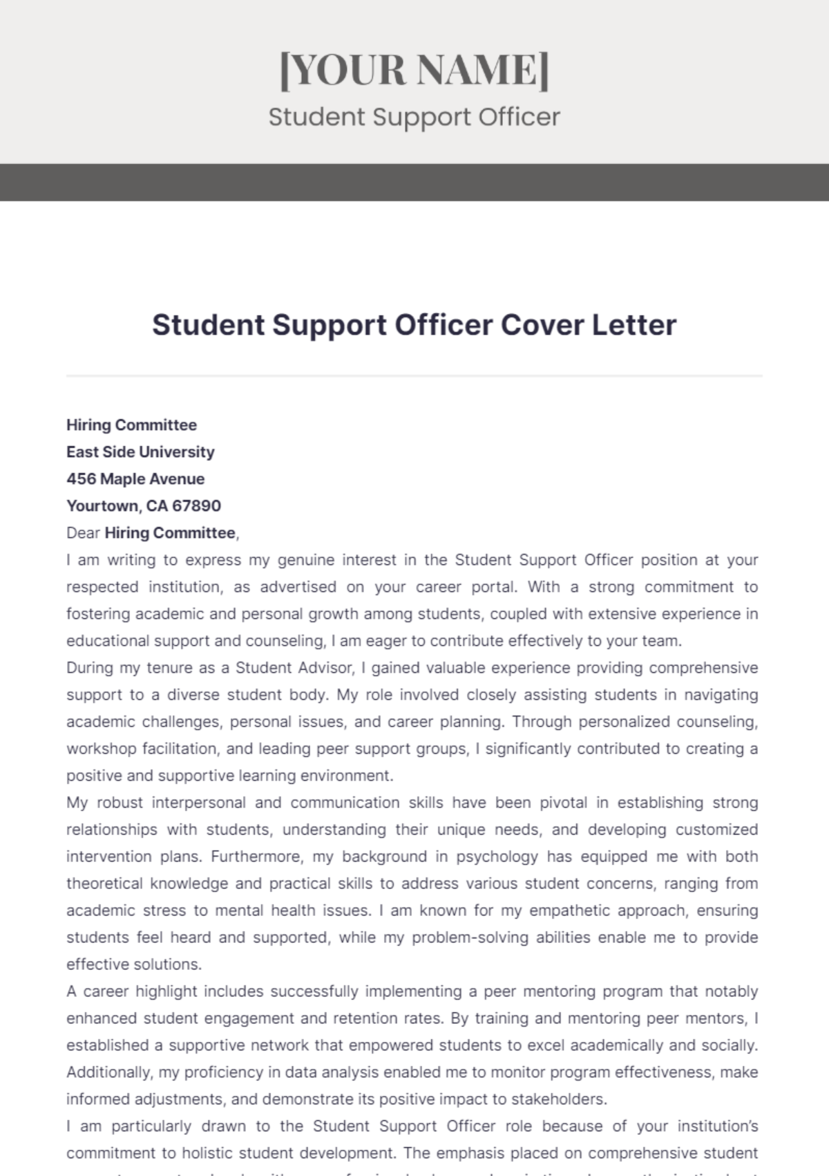 Student Support Officer Cover Letter - Edit Online & Download