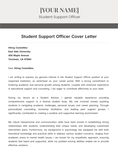 Free Student Support Officer Cover Letter to Edit Online