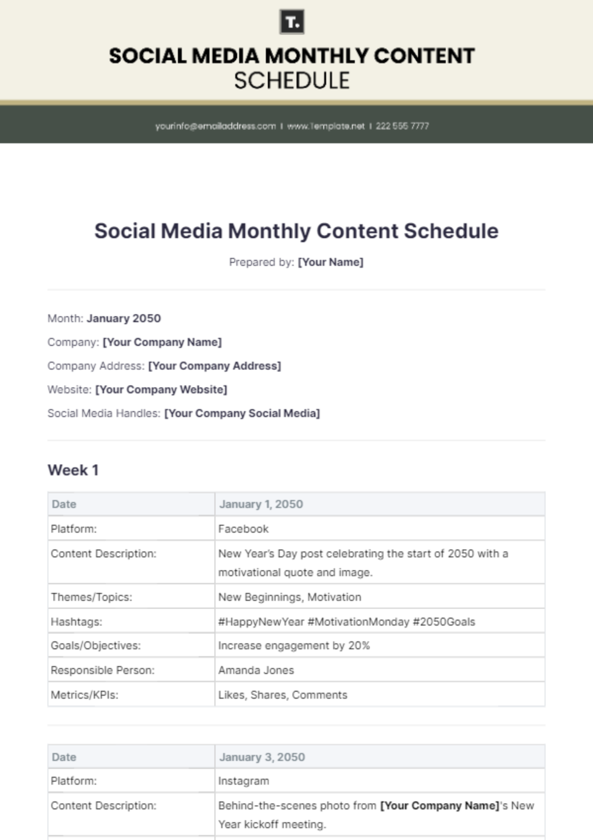 Social Media Monthly Content Schedule Template - Edit Online & Download