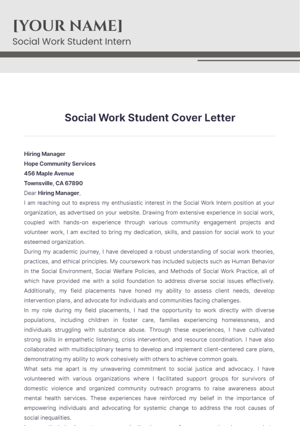 Social Work Student Cover Letter - Edit Online & Download