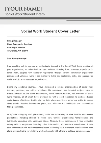 Free Social Work Student Cover Letter to Edit Online