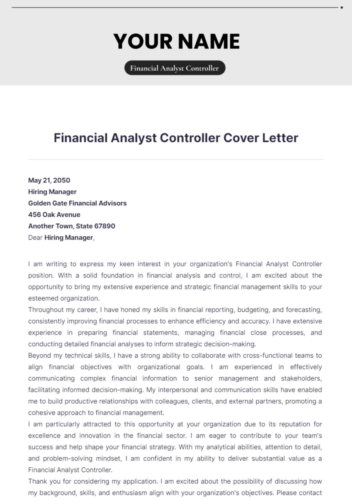 Financial Analyst Controller Cover Letter - Edit Online & Download