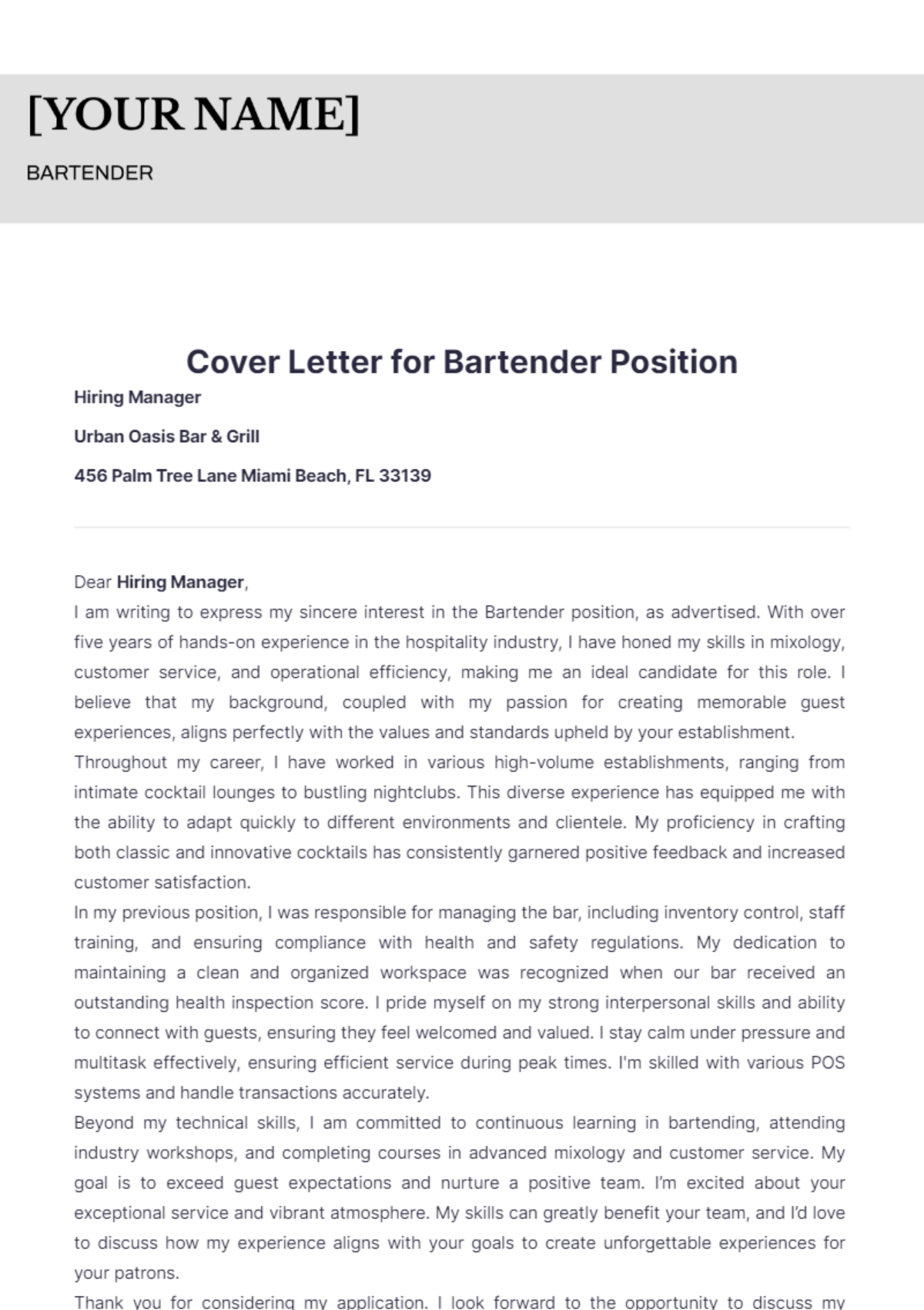 Cover Letter for Bartender Position - Edit Online & Download