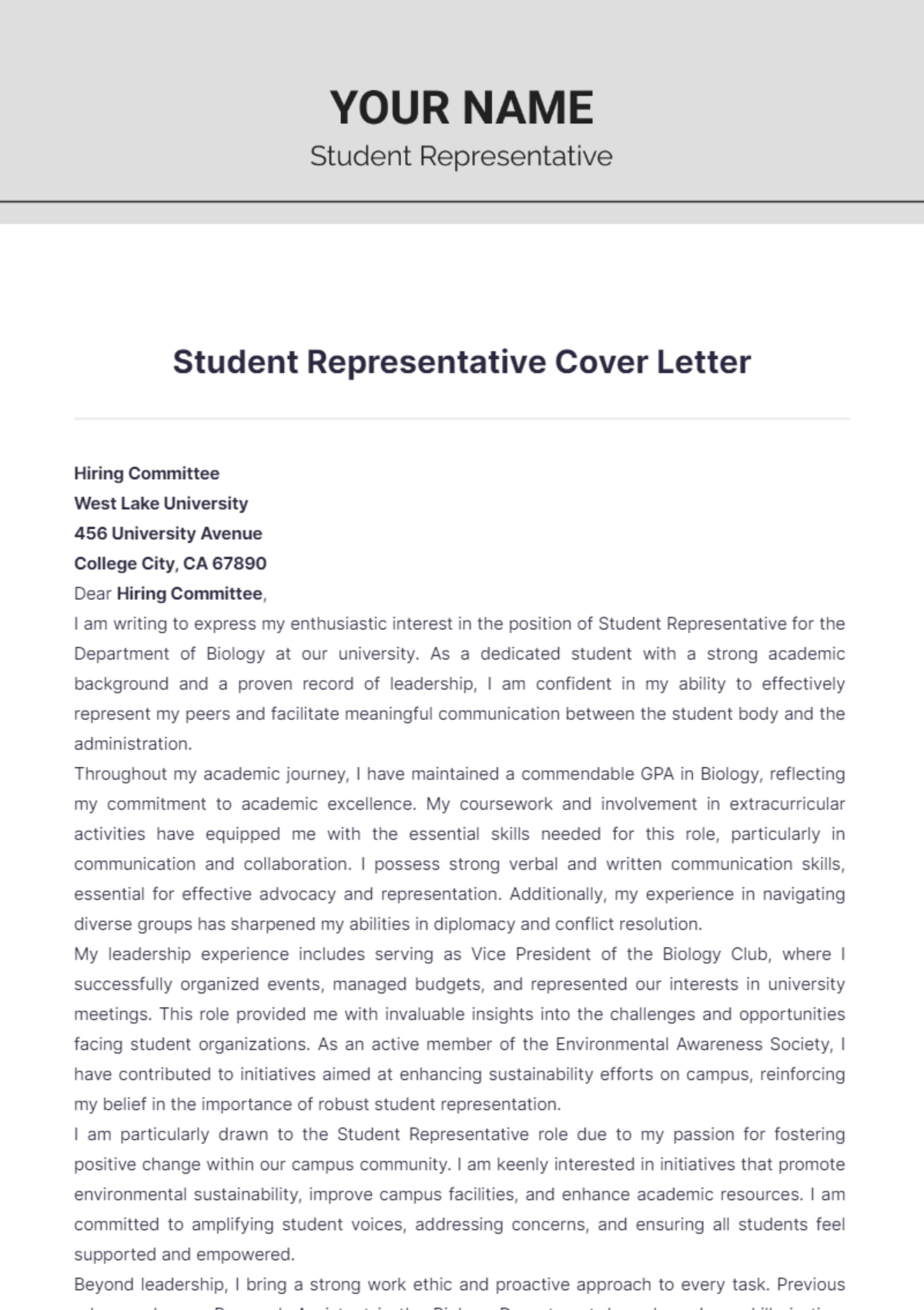 Student Representative Cover Letter - Edit Online & Download