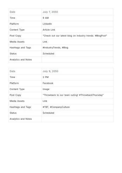 Free Social Media Publishing Schedule Template to Edit Online