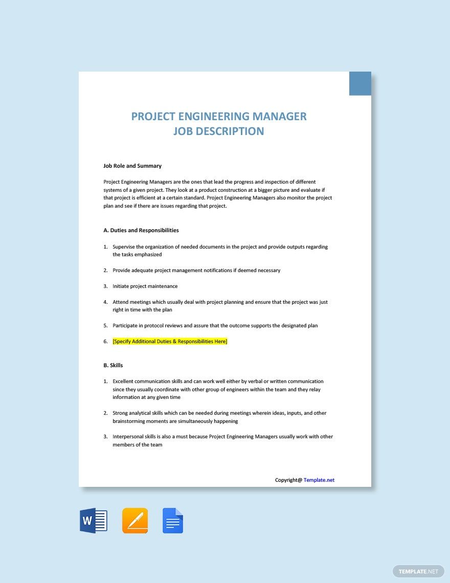 9 Project Manager Job Description Templates   Project Engineering Manager Job Description 1 