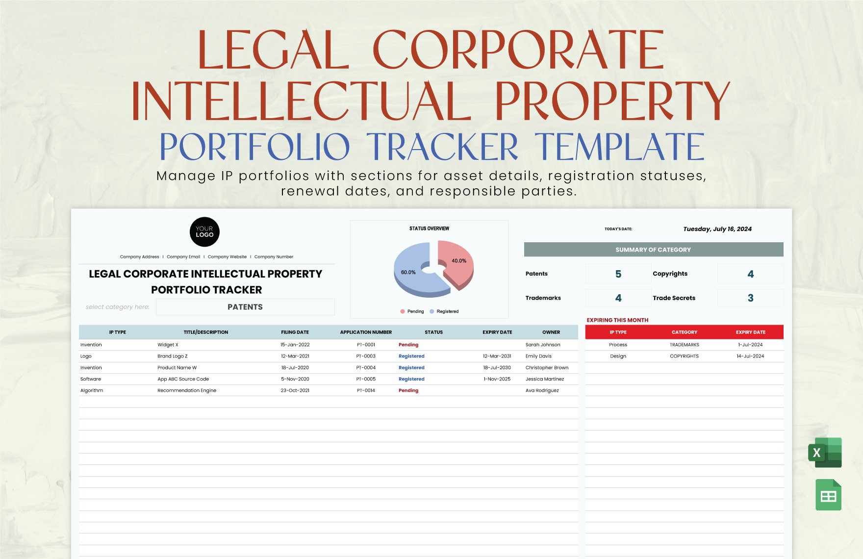 Legal Corporate Intellectual Property Portfolio Tracker Template in Excel, Google Sheets