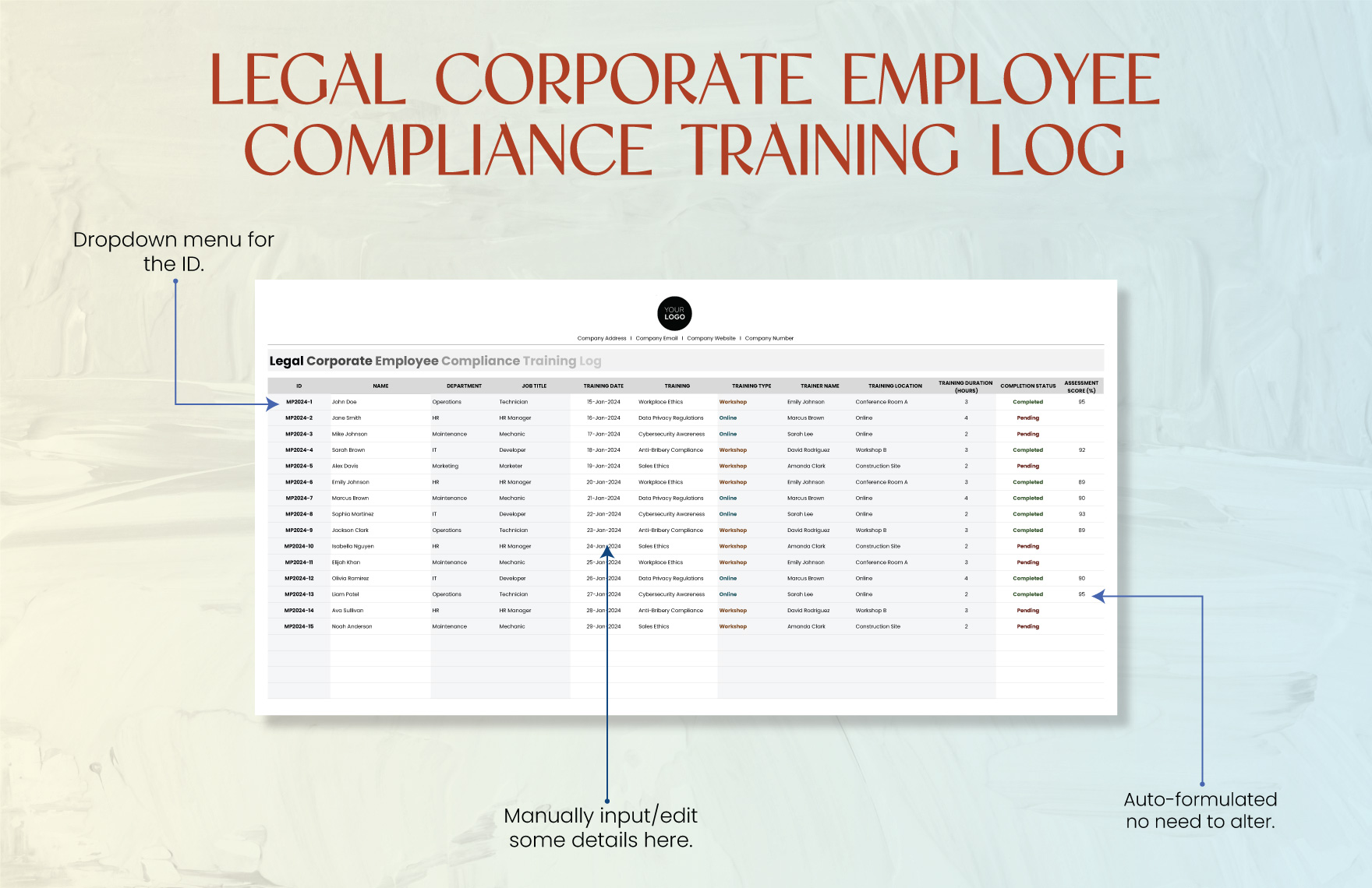 Legal Corporate Employee Compliance Training Log Template