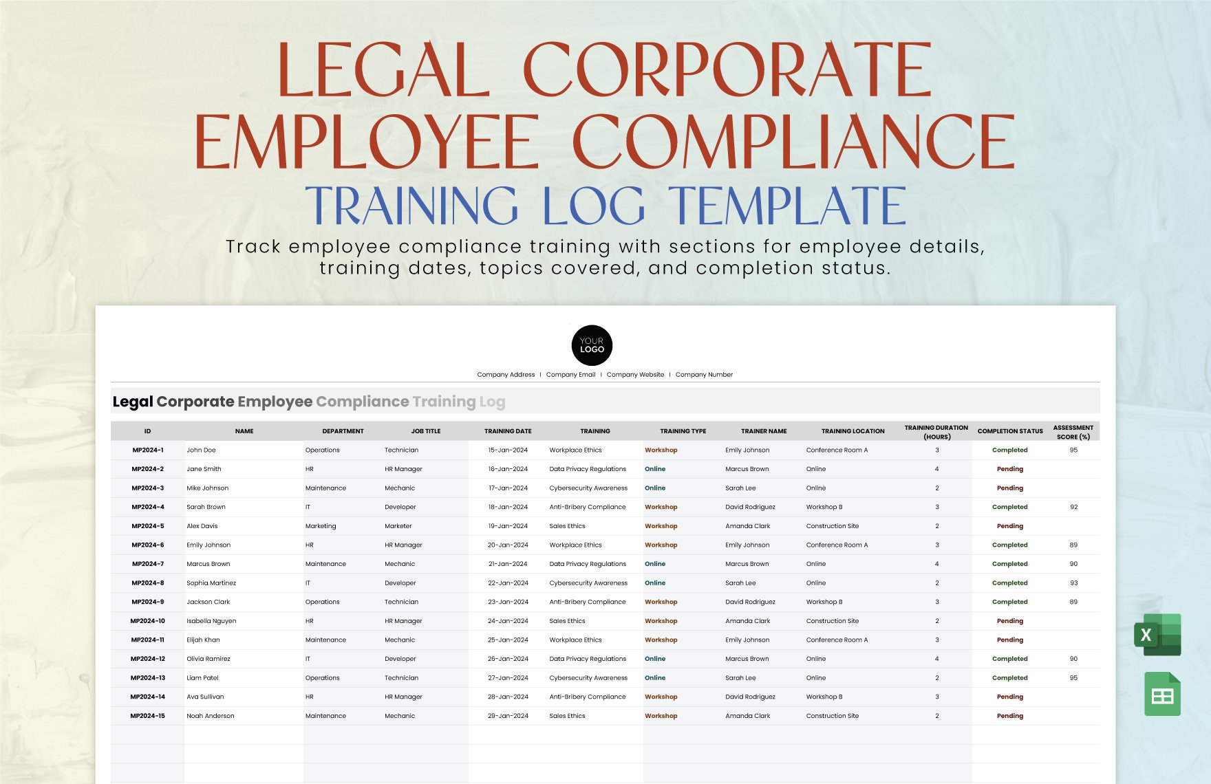 Legal Corporate Employee Compliance Training Log Template in Excel, Google Sheets